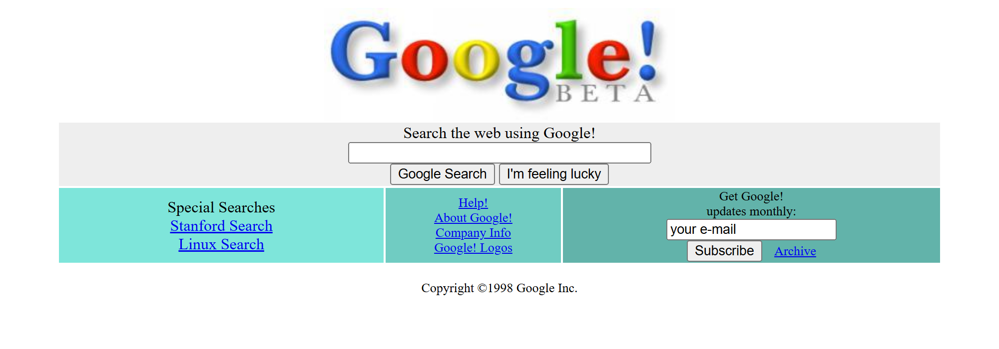 The google.com homepage in December 1998: a Google! beta logo above a single search box with a Google Search button and an I'm feeling lucky button.